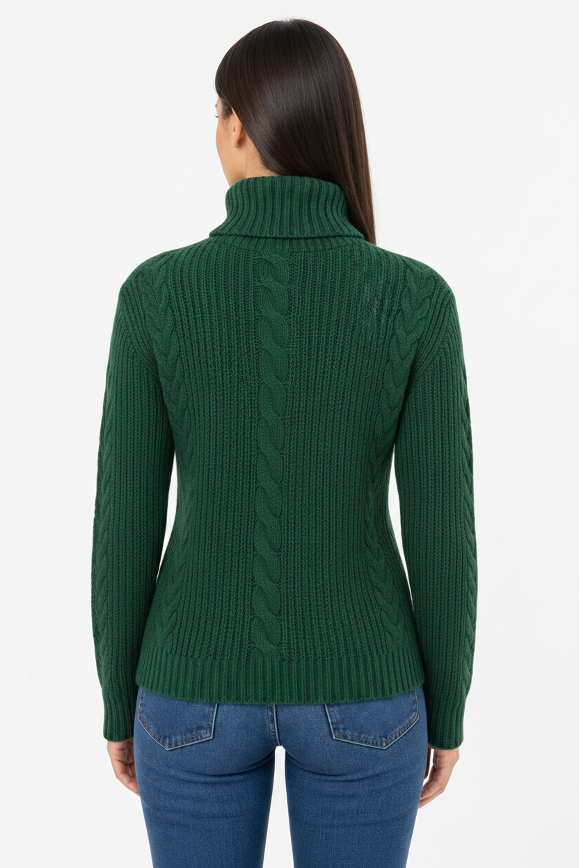 Woman wearing a Green ble knit turtleneck sweater on a white background