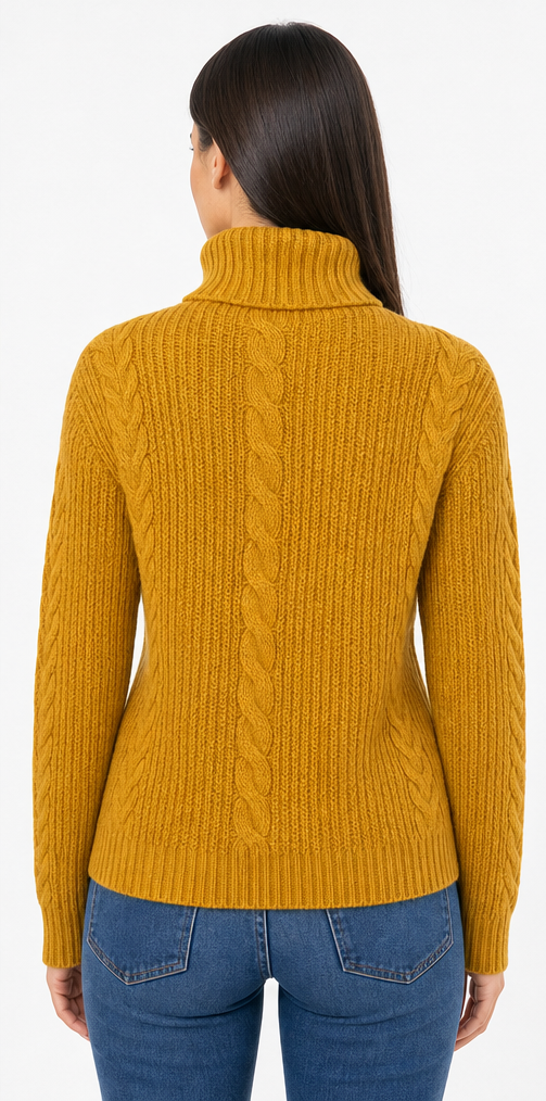 Woman wearing a mustard yellow cable knit sweater and blue jeans on a white background