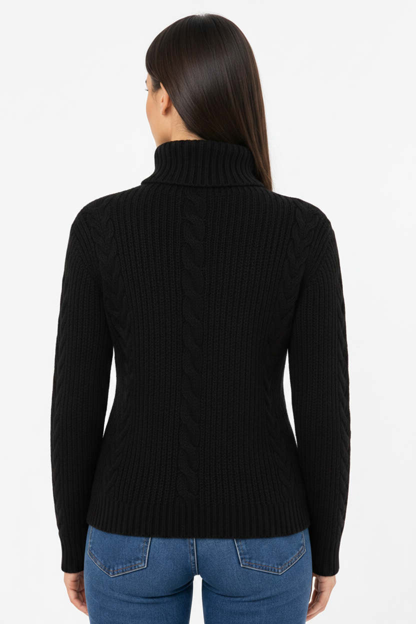Woman wearing a Black cable knit turtleneck sweater on a white background
