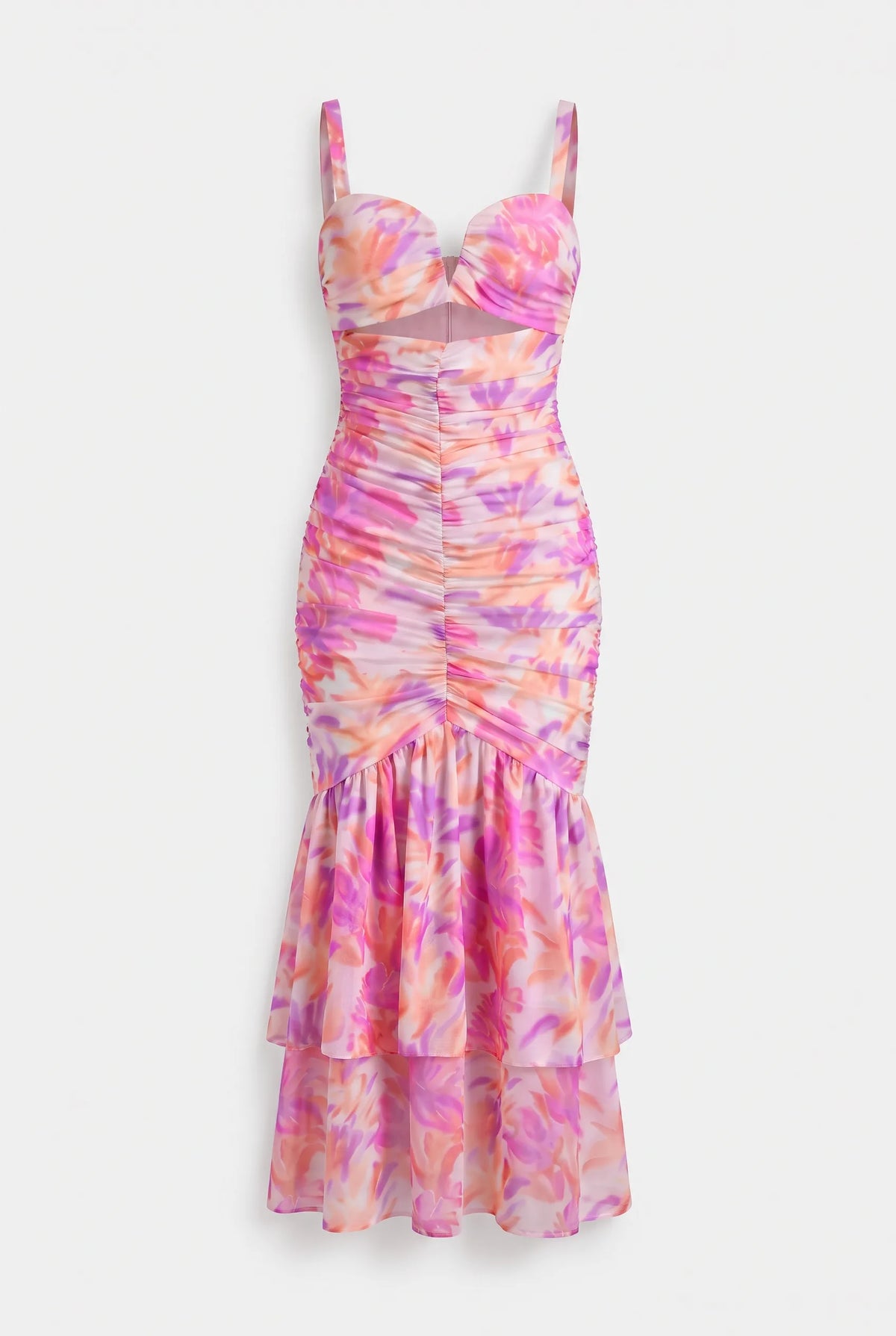 This is a vibrant maxi dress features an all-over abstract watercolor floral print in shades of pink, orange, purple, and yellow on a light background. It is designed with a sweetheart bustier-style top with sweetheart cutout at the center bust, thin shoulder straps, and a front waist cutout.