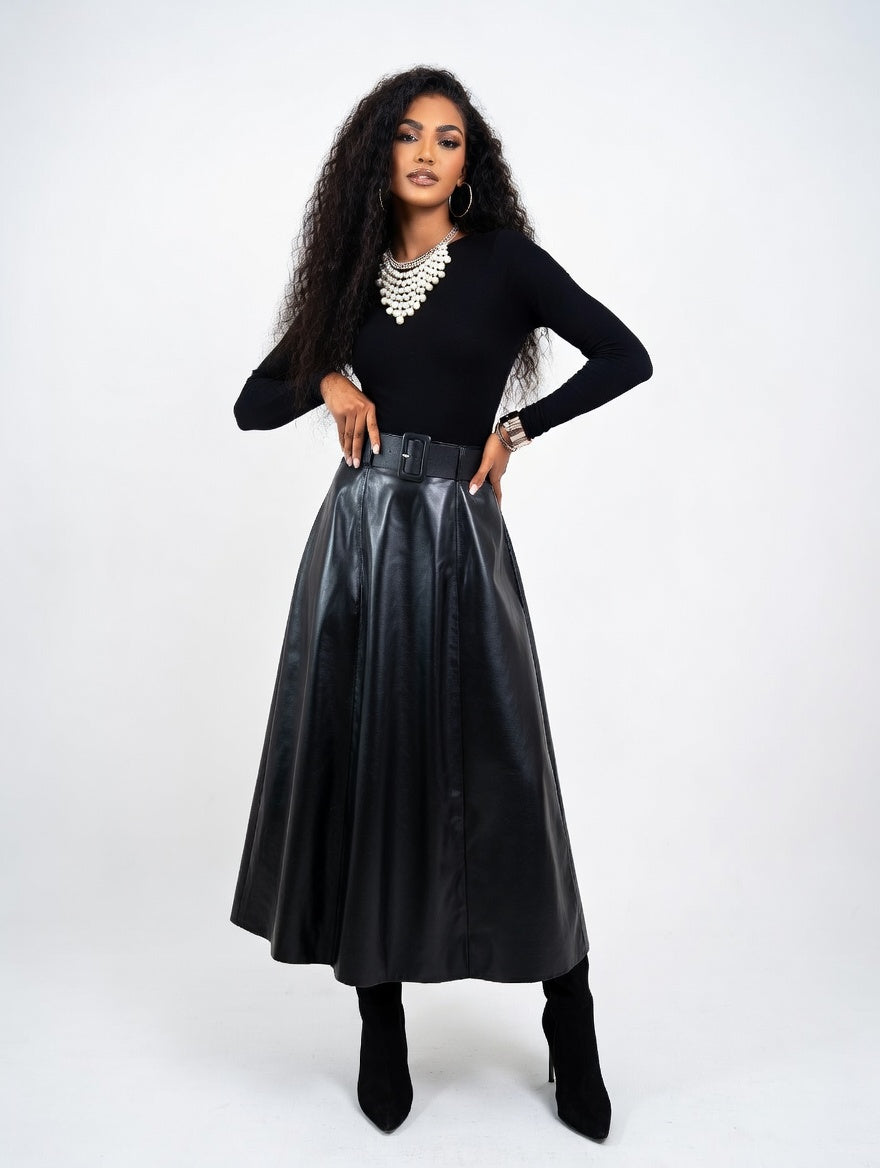 Solid PU Leather Flared Skirt