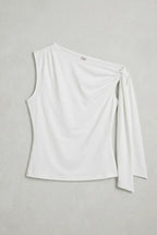 a white asymmetric one-shoulder sleeveless top with subtle neck gathering and a draped tie detail on the left shoulder