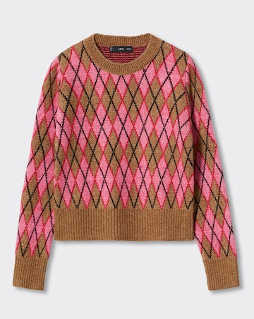 Brown and pink argyle pattern sweater on a light gray background