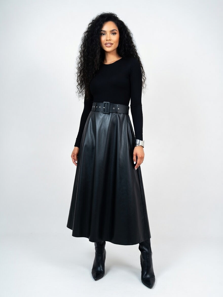 Solid PU Leather Flared Skirt
