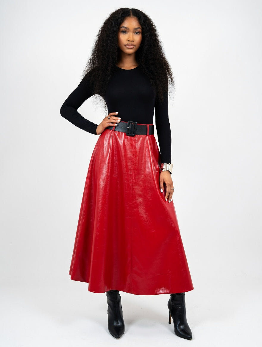 Solid PU Leather Flared Skirt